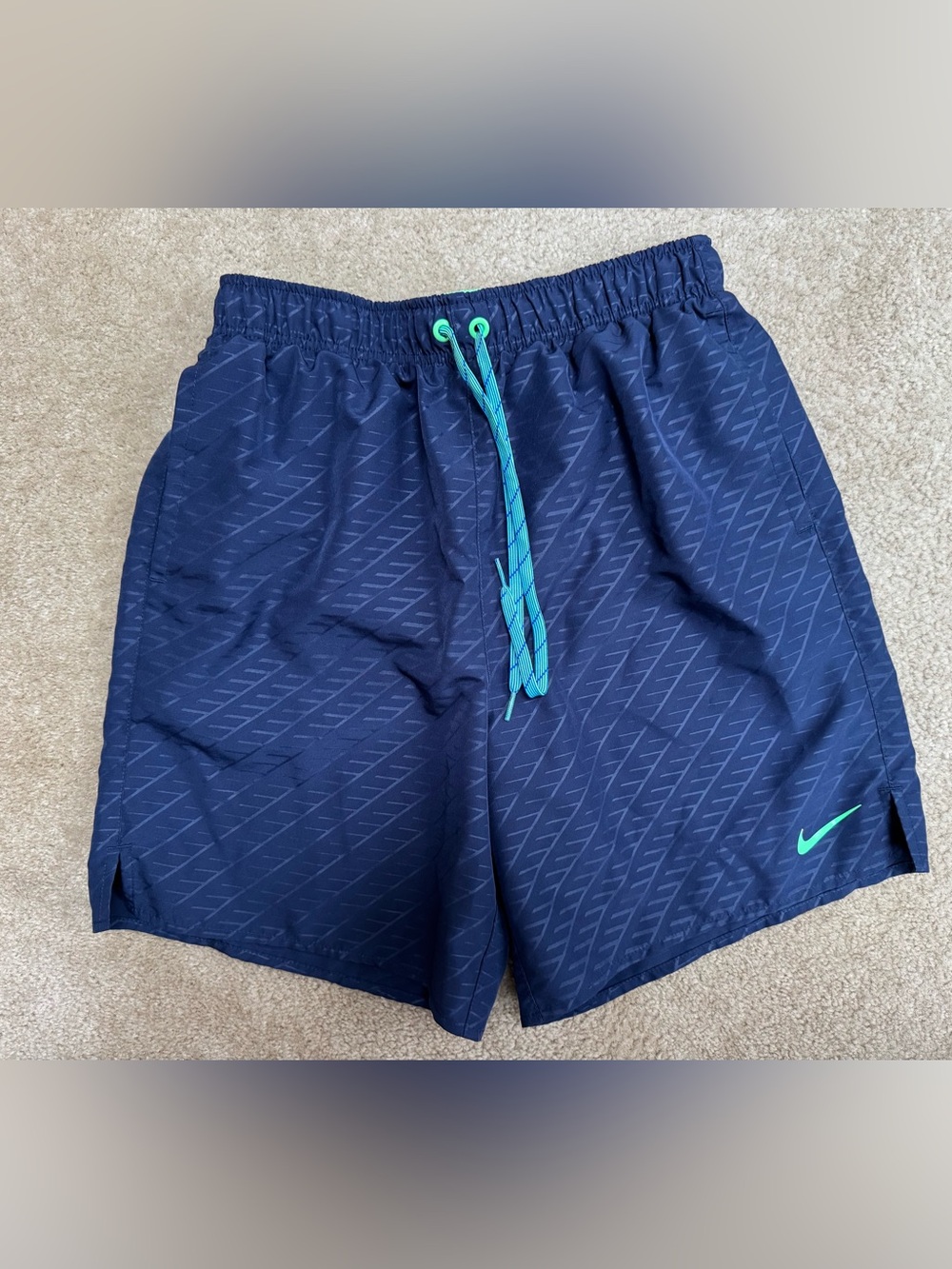 Nike Navy Sz M Swim Shorts with Teal Drawstring and Teal Swoosh